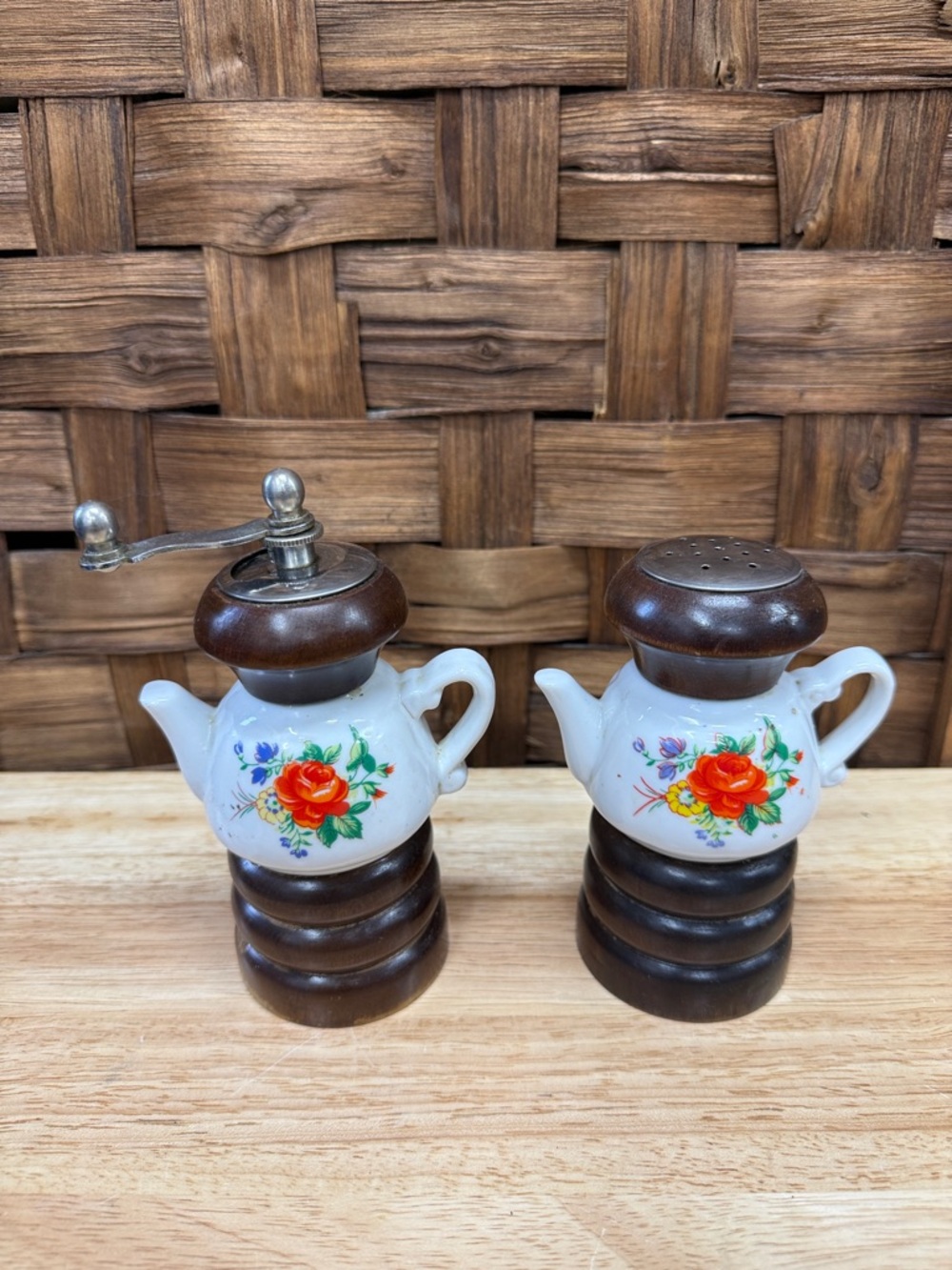 Vintage Porcelain Floral Teapot Salt and Pepper Shaker Set with Wood Accents